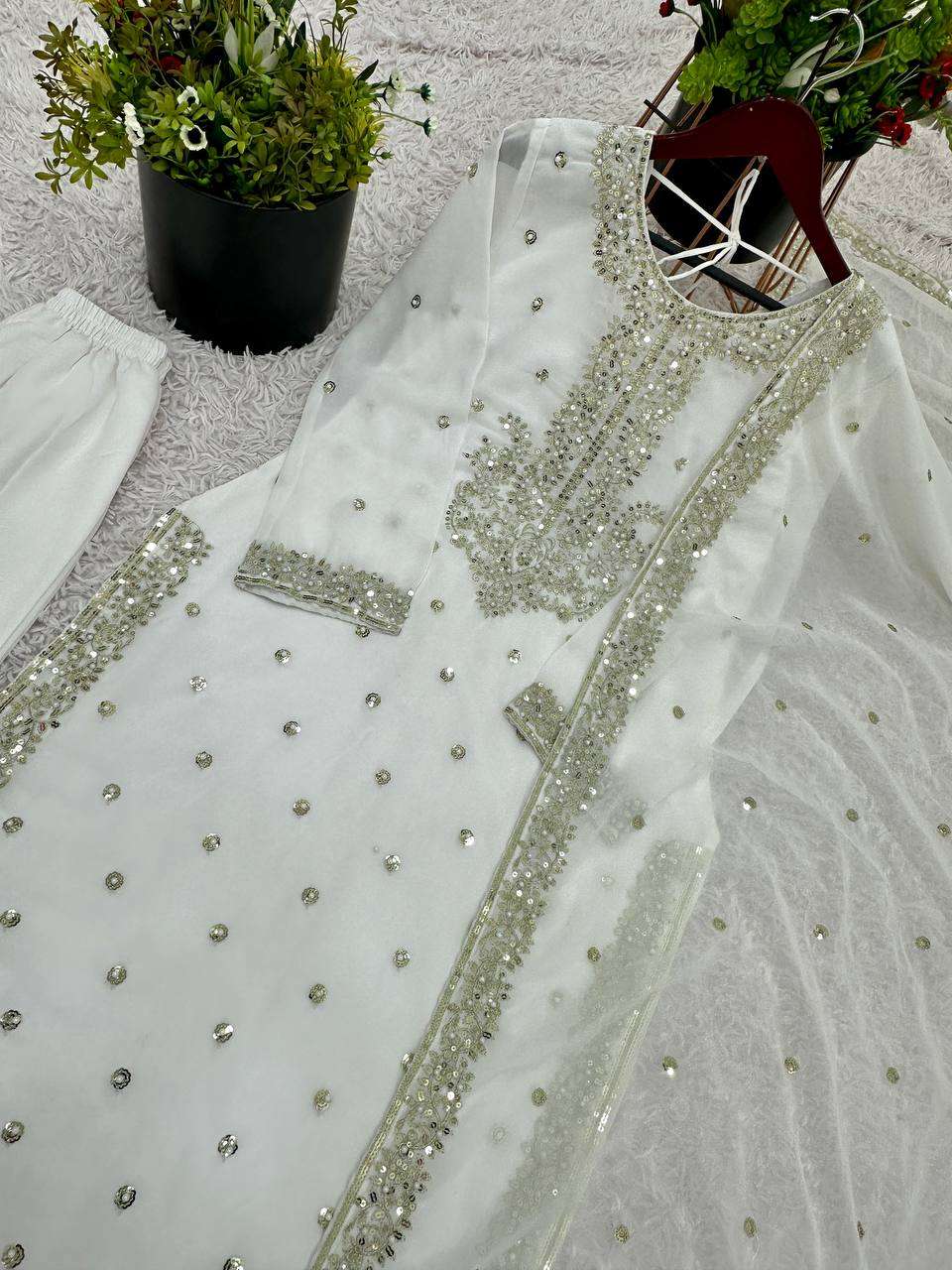 Women's Georgette Embroidery Sequence Work with Rivet Moti Work Straight Kurti With Pant and Dupatta Set - Image 6