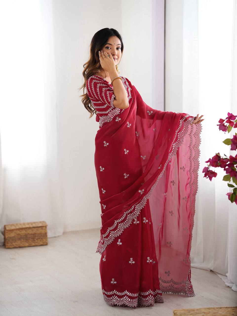 Women's Elegant Regal Purple Georgette Saree with Intricate Silver Thread & Sequin Embroidery – Complete with Embellished Blouse Piece for Festive & Party Wear - Image 24